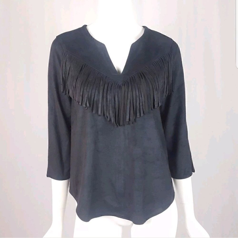 NWT Express Women Sz Small Black Faux Suede Fringe 3/4 Sleeve Top Boho Festival